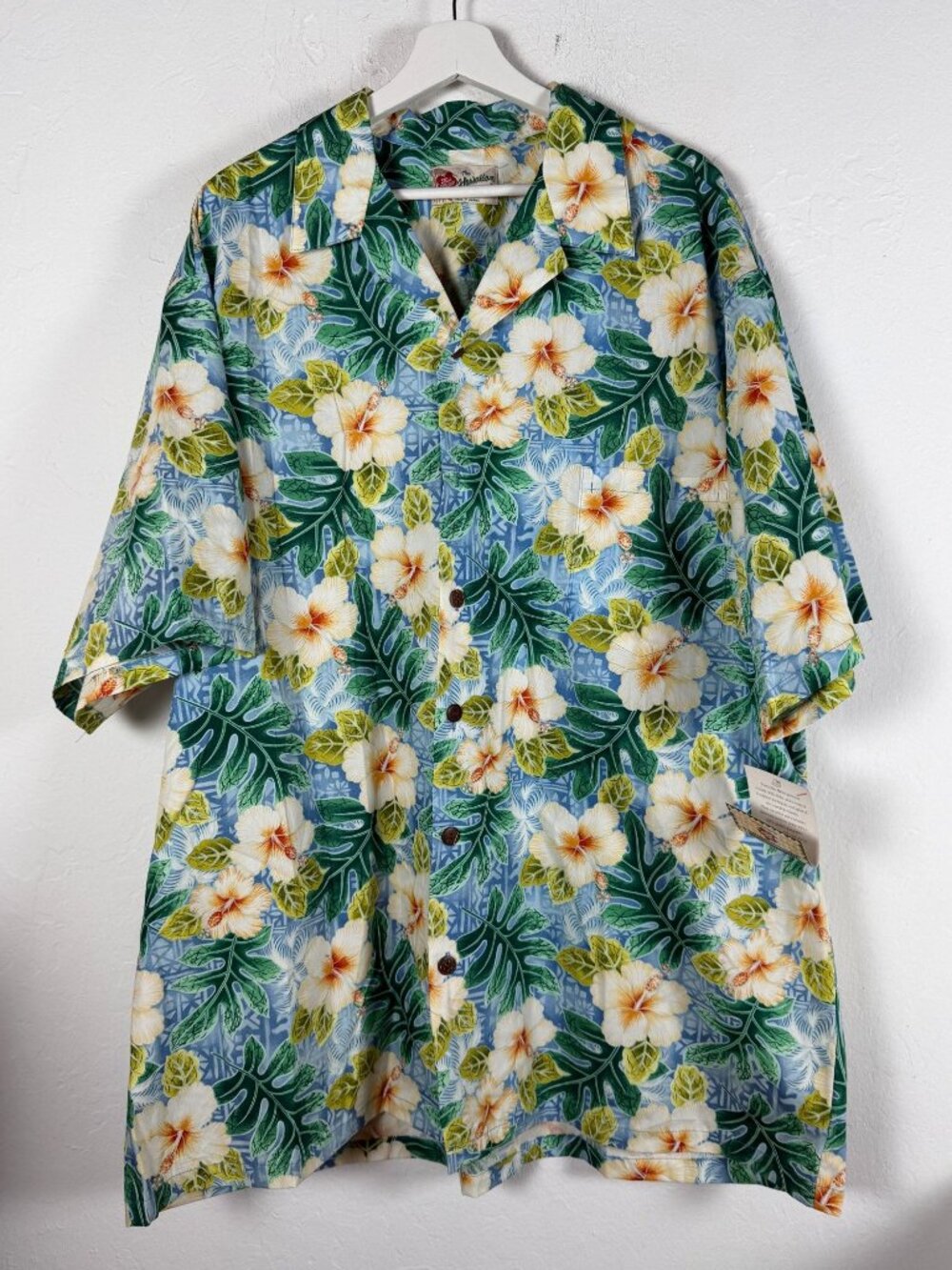 NWT Hilo Hattie Mens 3XL Blue Hibiscus Monstera Cotton Hawaiian Aloha Shirt